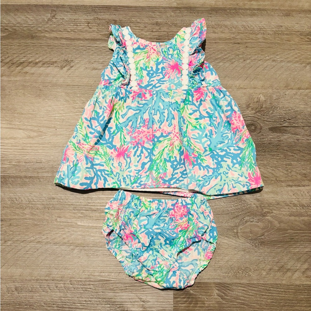 Lilly Pulitzer Baby Floral Coral Print Dress Set in Blue, Pink & Green 3-6 Mo